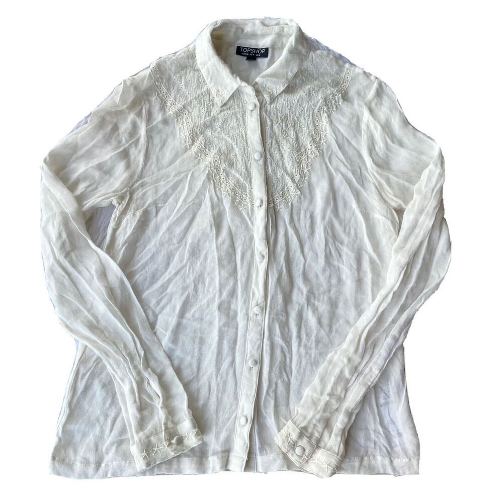 Topshop Womens Sz 4 Blouse Button Front Ivory White Lace Embroidered Classic Fun